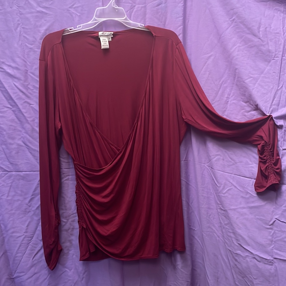 EUC MSPP Maroon Long Sleeve Wrap Top with Side Ruching, Size 3x